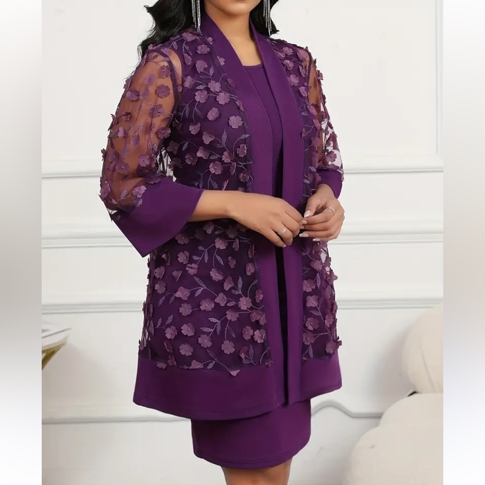 two-piece dress set featuring a dress & matching jacket 3D floral mesh details